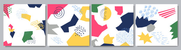 矢量插图。手绘多边形背景设置。卡通三角形形状。孟菲斯的模式。设计元素为社交媒体，博客文章，移动应用程序横幅，网络广告图片下载