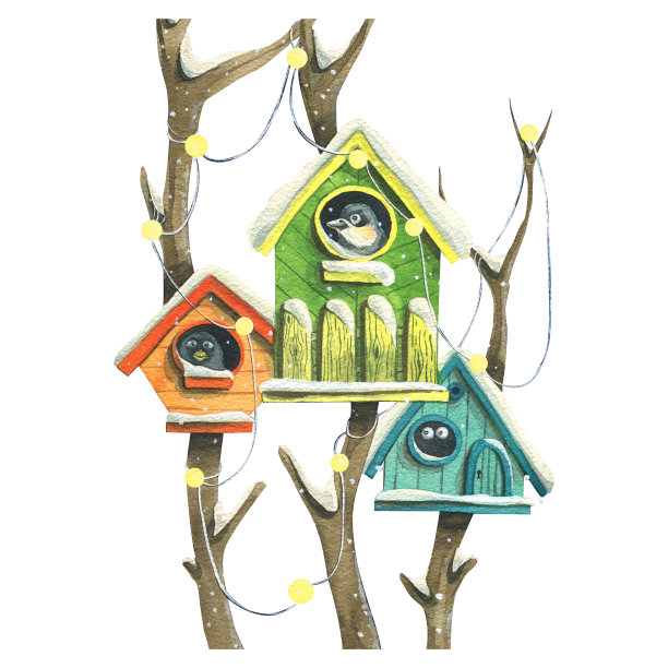 五颜六色的鸟屋，树上有鸟，还有灯、花环和雪。水彩插图。孤立在白色背景上。用于新年、圣诞节、冬季的装饰和设计。图片下载