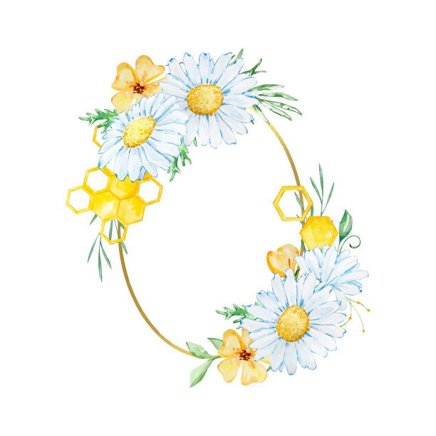 金色椭圆形框架与水彩洋甘菊和图片下载