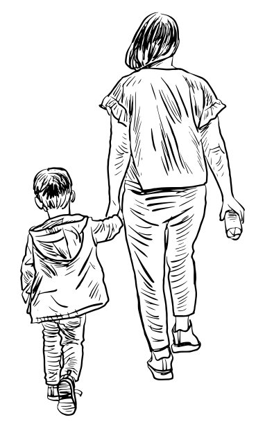 夏日里母亲带着小儿子散步的轮廓图图片下载