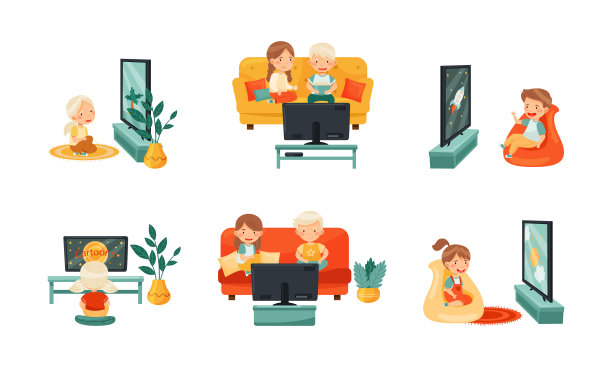 小孩子们坐在沙发和扶手椅上看着图片下载