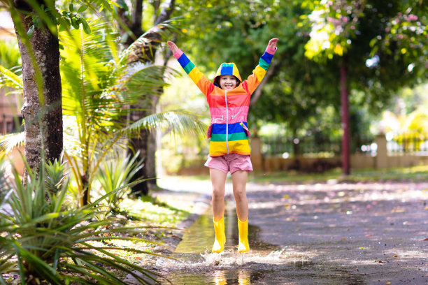 孩子们在秋雨中的水坑里。防水穿图片下载