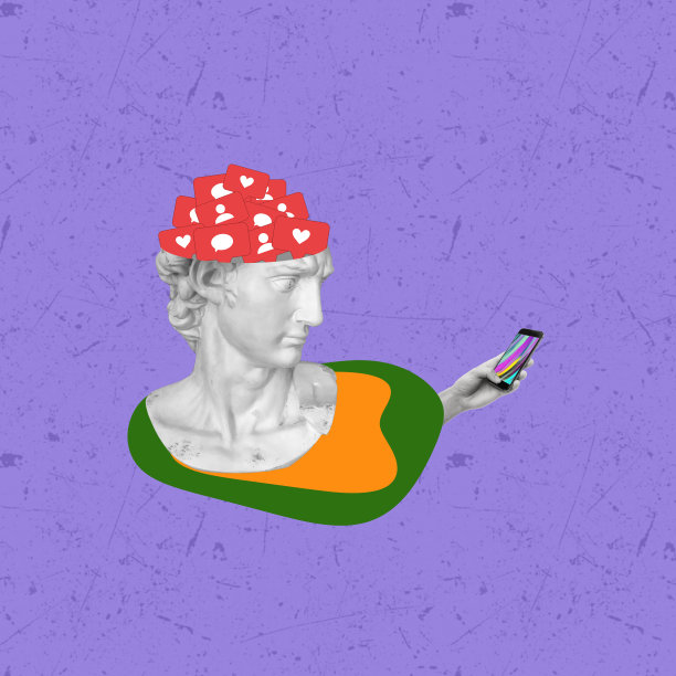 当代艺术拼贴的雕像，手机，社交媒体像图标。图片下载