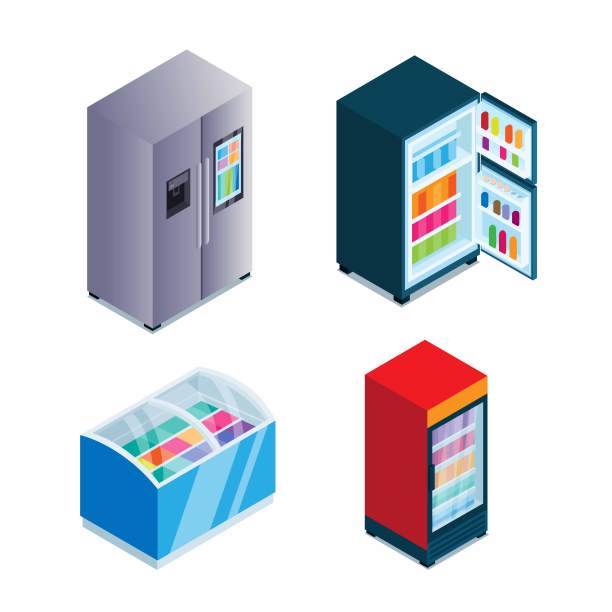 冰箱家庭和工业集合集合在等距插图矢量图片下载