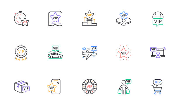 Vip线路图标设置。赌场筹码，证书，快递包裹。非常重要的人物，牌桌，vip买家。向量图片下载