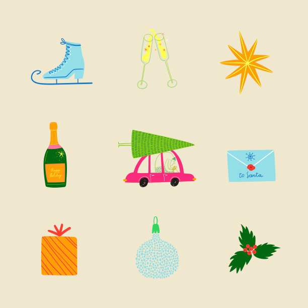 一套孤立的卡通圣诞和冬天的图标图片下载