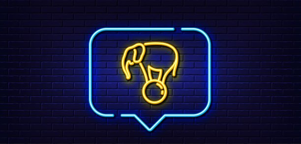 球线上的大象图标。马戏团的迹象。霓虹灯说话泡泡。向量图片下载