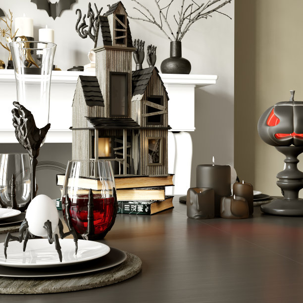 现代万圣节客厅内饰。3 d渲染。图片下载