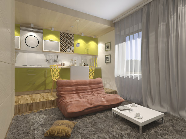 一间小公寓的客厅和厨房的电子设计插画。现代风格的室内3d渲染图片下载