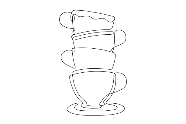 茶时间派对，复古插图与堆叠的茶杯线艺术股票插图图片下载