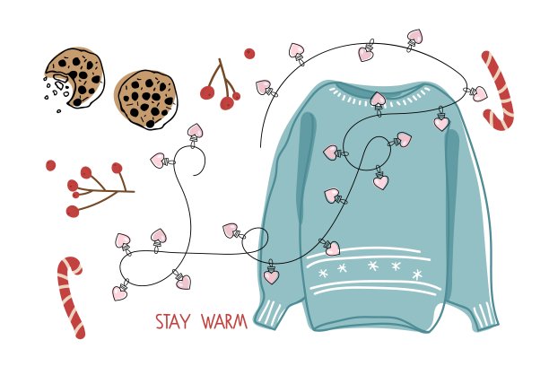 舒适的冬季设置与手绘元素。温暖的针织毛衣，轻花环，饼干，糖果拐杖，浆果。冬季属性。矢量草图图标隔离在白色上。季节性的设计元素图片下载