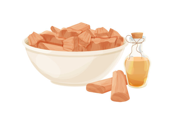 檀香油装在装有木塞和绳子的瓶子里，白底上一片片卡通风格的檀香。阿育吠陀疗法成分。矢量图图片下载