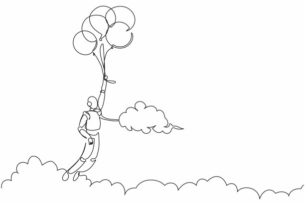 单线画机器人与气球飞行图片下载