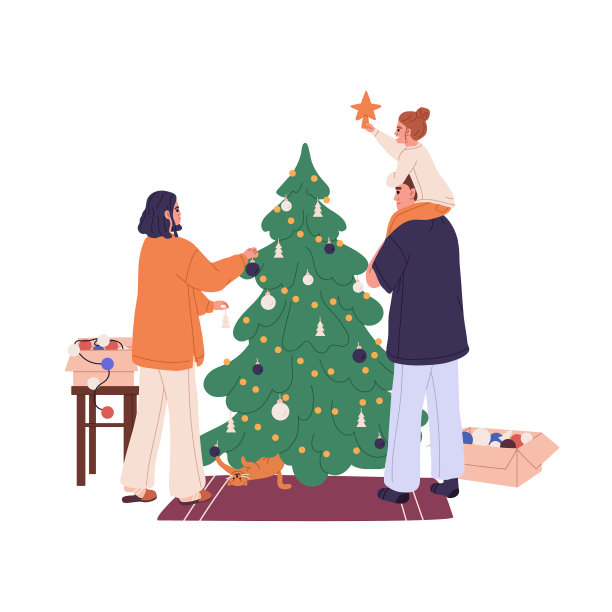 一家人带着孩子装饰圣诞树图片下载