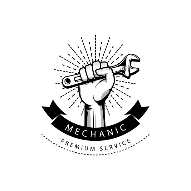 机械徽章标志设计在复古风格的水管工图片下载