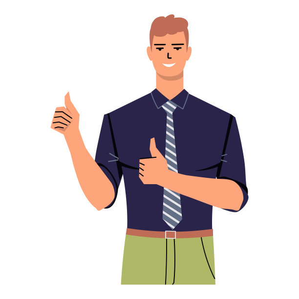 一位打着领带、穿着衬衫的年轻男子双手竖起大拇指。表示同意，很好。商人，上班族，经理与世隔绝。这个角色在微笑。图片下载