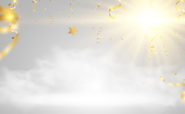 金色的彩纸落在美丽的背景上。舞台上飘落的彩带。图片下载