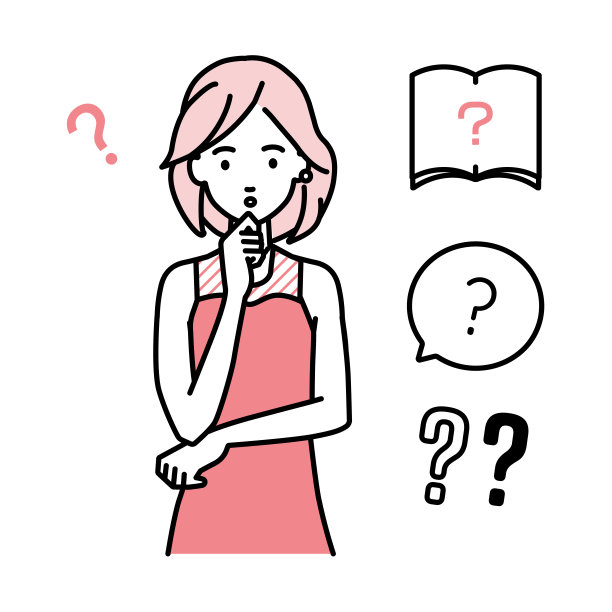 一个穿着衣服的女人拿着一个问题站着，手指放在下巴上的问号图片下载