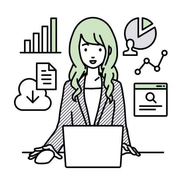 一位身着西装的女士在办公桌前使用笔记本电脑浏览网站、搜索资料、在云端共享文件、分析和做报告图片下载