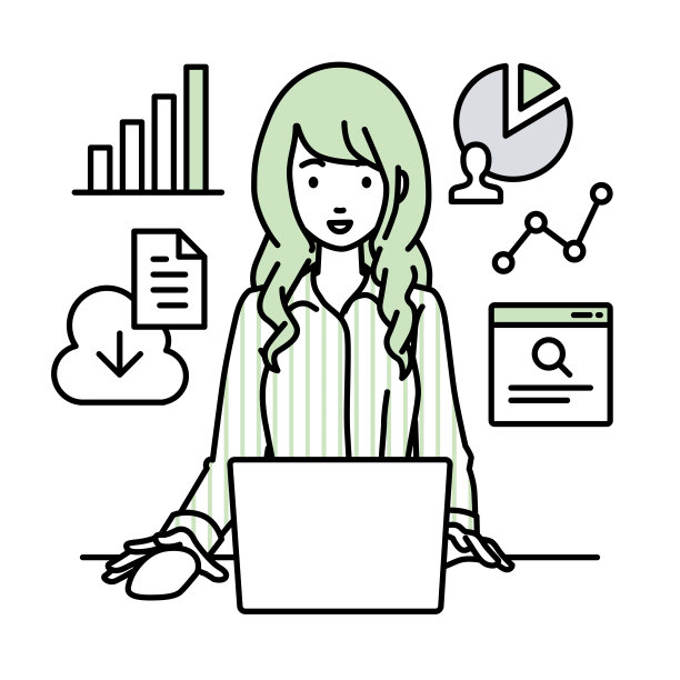 一名穿着衬衫的女士坐在办公桌前，用笔记本电脑浏览网站、搜索资料、在云端共享文件、分析和做报告图片下载