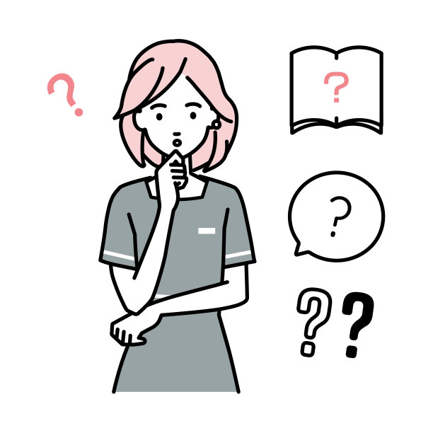 一个美学家，女接待员拿着一个问题站在她的手指在她的下巴问号设置图片下载