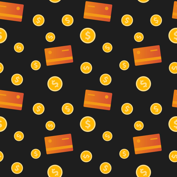 矢量无缝模式与钱和借记卡。硬币和折扣卡的黑色背景。图片下载