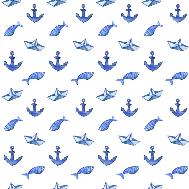 水彩无缝图案与鱼锚和纸船。鱼和薯条的手绘草图。图片下载