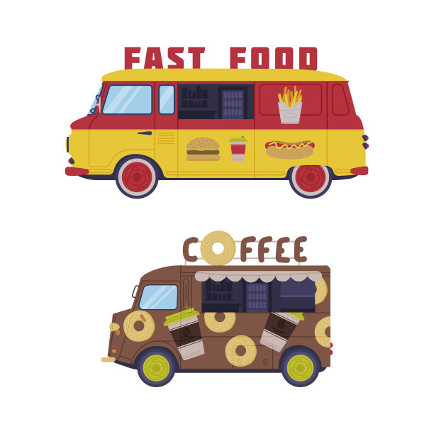 一组卖咖啡和快餐的餐车图片下载