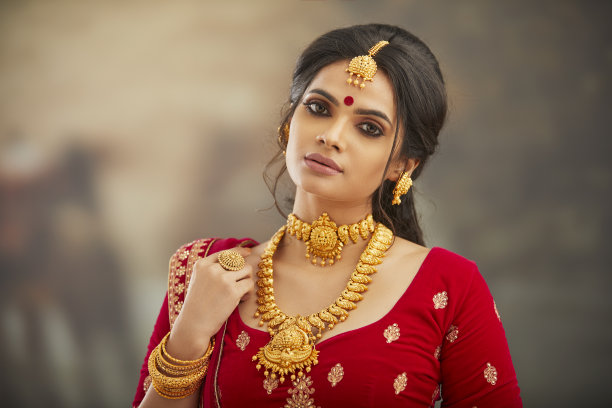 漂亮的印度女人穿着传统的衣服和珠宝。图片下载