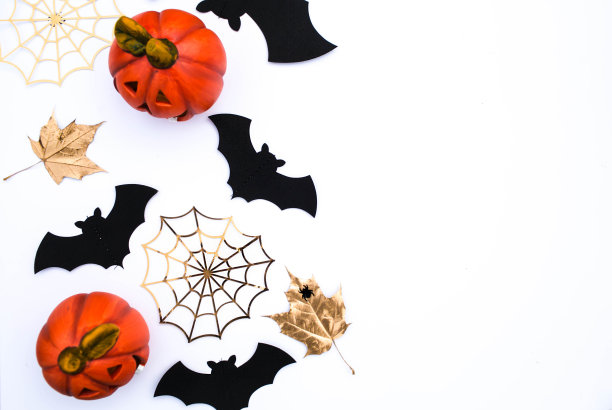 现代背景黑色蝙蝠，金色树叶，蜘蛛网和南瓜。万圣节用的文字空间拷贝。断然。图片下载