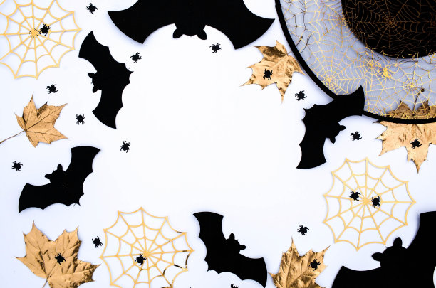 题词万圣节快乐。现代背景与黑色蝙蝠，金色树叶，蜘蛛网和木制字母。万圣节的文字复制空间。平坦的躺着,上面。图片下载