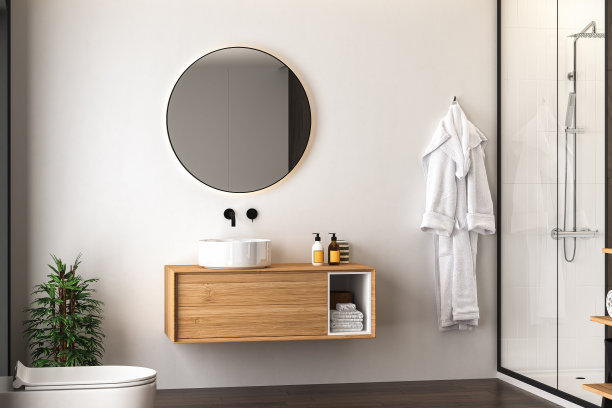 浴室内部有深色镶木地板，厕所，淋浴和椭圆形镜子，白色和黑色的墙前视图。极简主义的黑色浴室配有现代家具。三维渲染图片下载