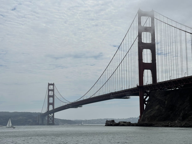 仰望薄雾中的金门大桥图片下载