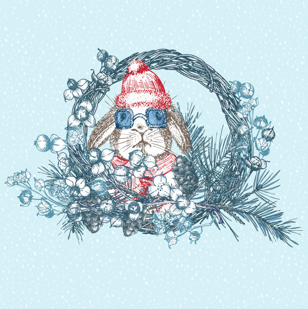 手绘兔子在红色的冬天帽子围巾图片下载