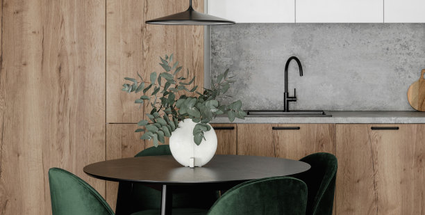现代简约的厨房和餐厅内部，木质和白色的表面，绿色的椅子和桉树在陶瓷花瓶。唯美简约的室内设计理念。图片下载