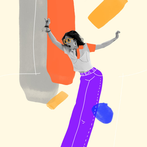 当代艺术拼贴。时髦的年轻女子跳舞，摆姿势。画衣服和配饰图片下载