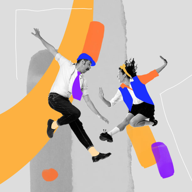 当代艺术拼贴。快乐，时尚的夫妇，男人和女人跳舞的表情图片下载