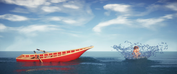 一个人从船上跳进海里。假期和幸福的概念。图片下载