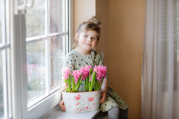 蹒跚学步的小女孩坐在窗边，盛开着粉红色的风信子花。幸福的孩子,在家里。母亲节、情人节或生日和春天的概念。图片下载