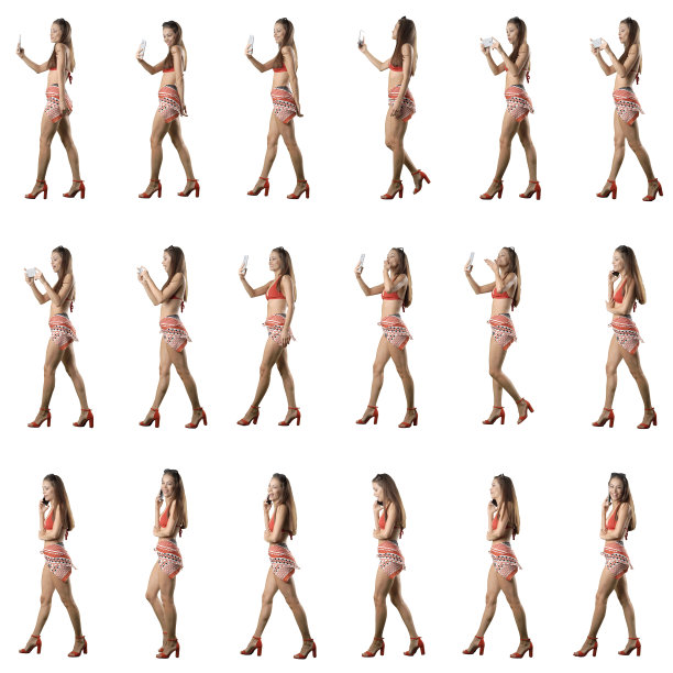 一组侧视图年轻女子在海滩上的衣服走路用手机录音，自拍和说话。全身隔离在白色背景图片下载