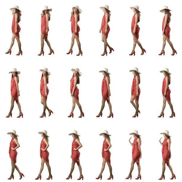 侧视图收集的妇女在海滩束腰与草帽走在高跟鞋凉鞋和挥手。全身隔离在白色背景图片下载
