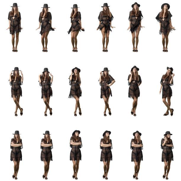 一套站着的女人在海滩黑色蕾丝束腰外衣与帽子跳舞摆姿势和生气和冒犯。全身隔离在白色背景图片下载