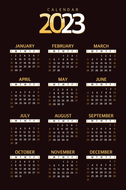 日历2023规划模板，周日开始一周。黑色背景上的矢量插图图片下载