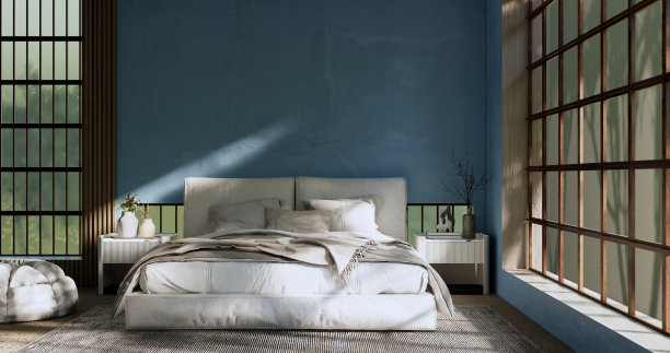 蓝色房间内部模拟与禅意床植物和装饰在日式卧室。3 d渲染。图片下载