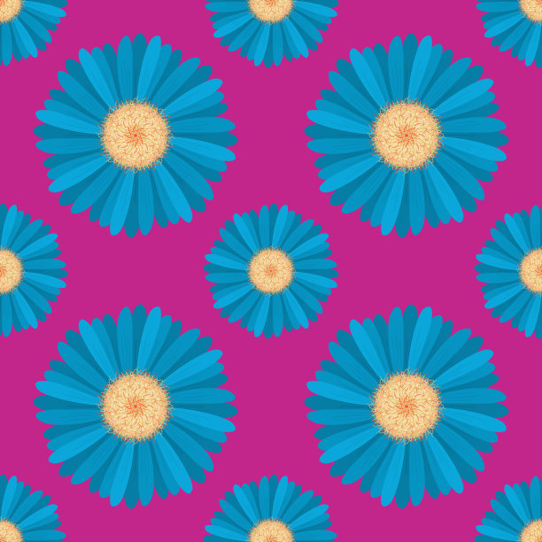 蓝色洋甘菊雏菊花盛开插画无缝图案，粉色背景植物图设计，用于时尚服装纺织品印花，墙纸和包装纸图片下载