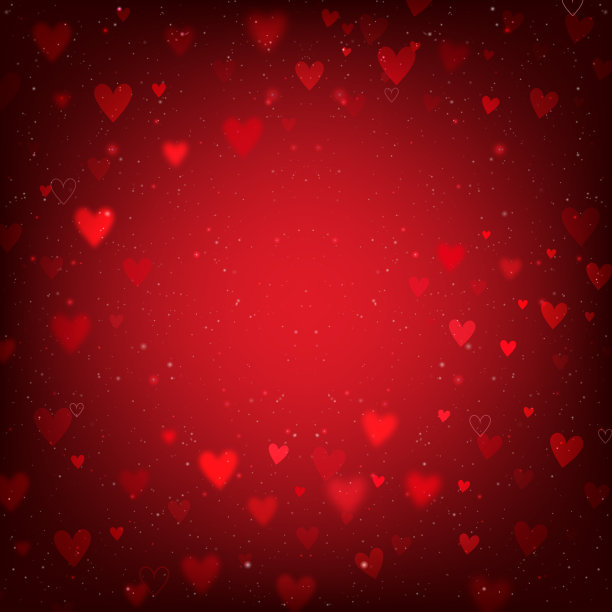 情人节背景与心和散景灯。红色的爱情背景，心和闪闪发光的灯。图片下载