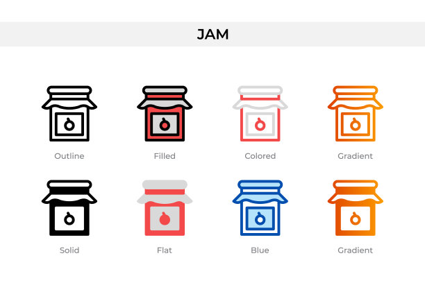 果酱图标在不同的风格。Jam矢量图标设计有轮廓、纯色、彩色、填充、渐变和平面风格。象征,标志说明。矢量图图片下载