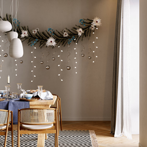 圣诞花环。3 d渲染。蓝色调的现代圣诞内饰。图片下载