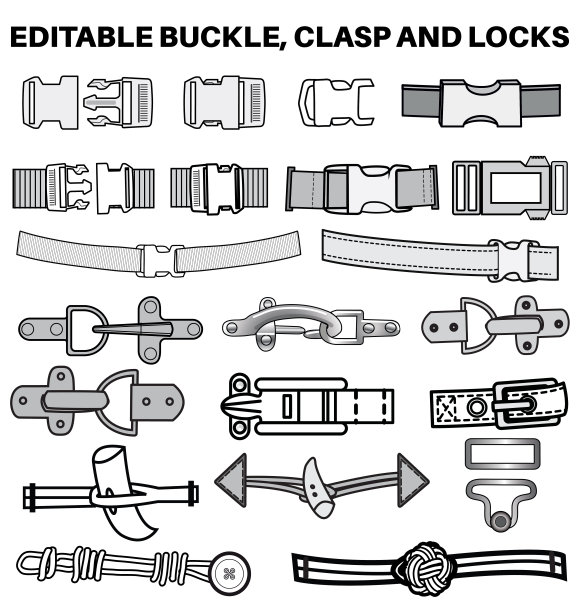 快速释放扣和扣平面草图矢量插图集，不同类型的包配件，锁和扣的背包，登山设备，服装服装紧固件和服装腰带图片下载