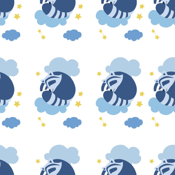 无缝图案装饰矢量睡觉的浣熊躺着，星星，白云孤立在白色背景，野生哺乳动物，插图可爱的动物为设计晚安卡，儿童卡通海报的孩子图片下载